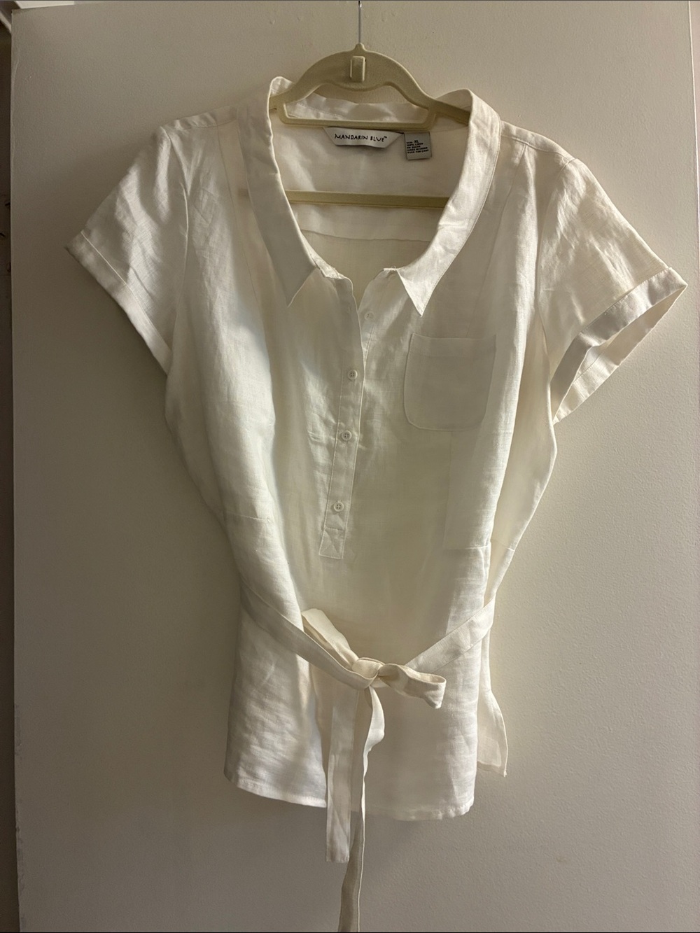 Mandarin Blue white Short-Sleeve Linen Button-Down with attached belt Tie Waist